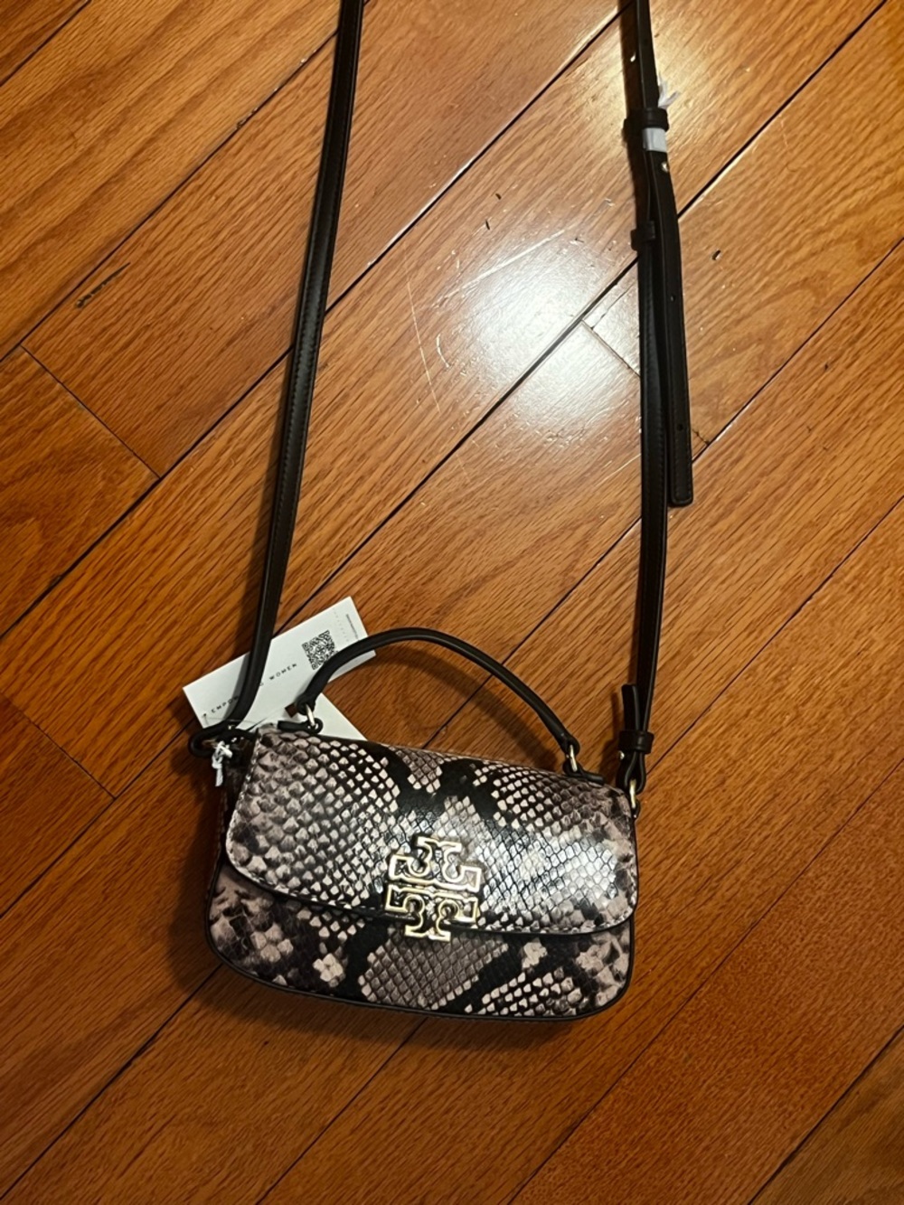 Tory Burch Snake-Print Crossbody Bag in Black and Gray with Gold Logo